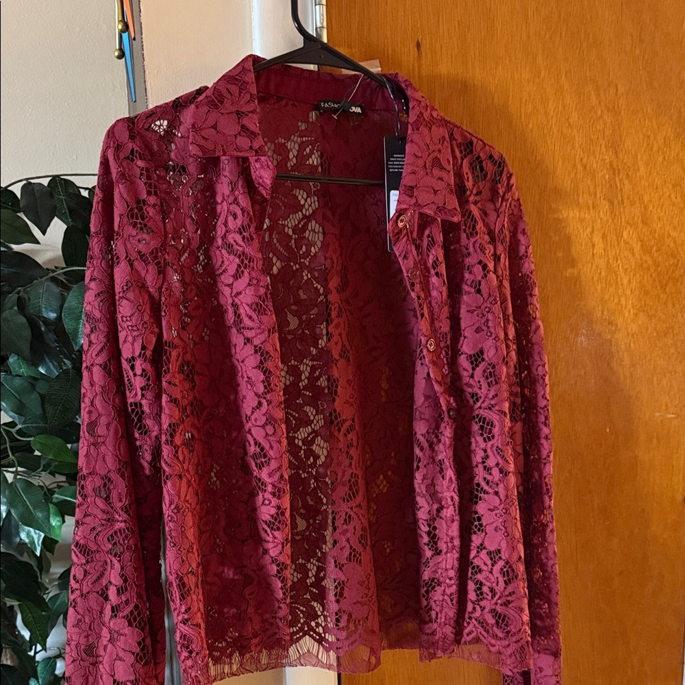 Fashion Nova Burgundy Lace Blouse